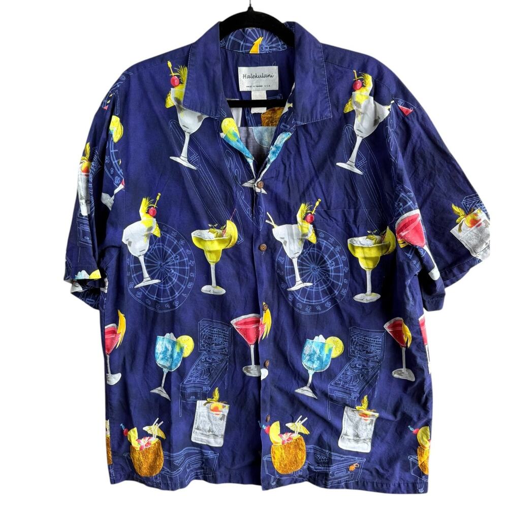 Vintage Halekulani Men's Hawaiian Shirt Blue Cocktail Print Aloha Camp Large